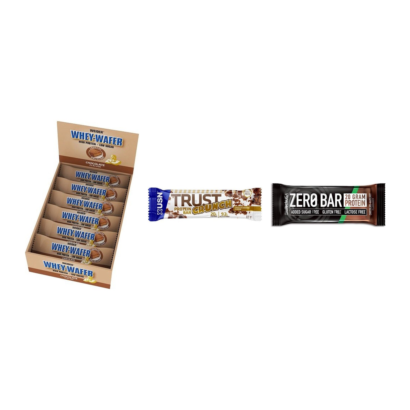 Schokolade Lieblingssorten-Riegelbox: 2× Weider Whey Wafer + 2 weitere – alle enthaltenen Artikel