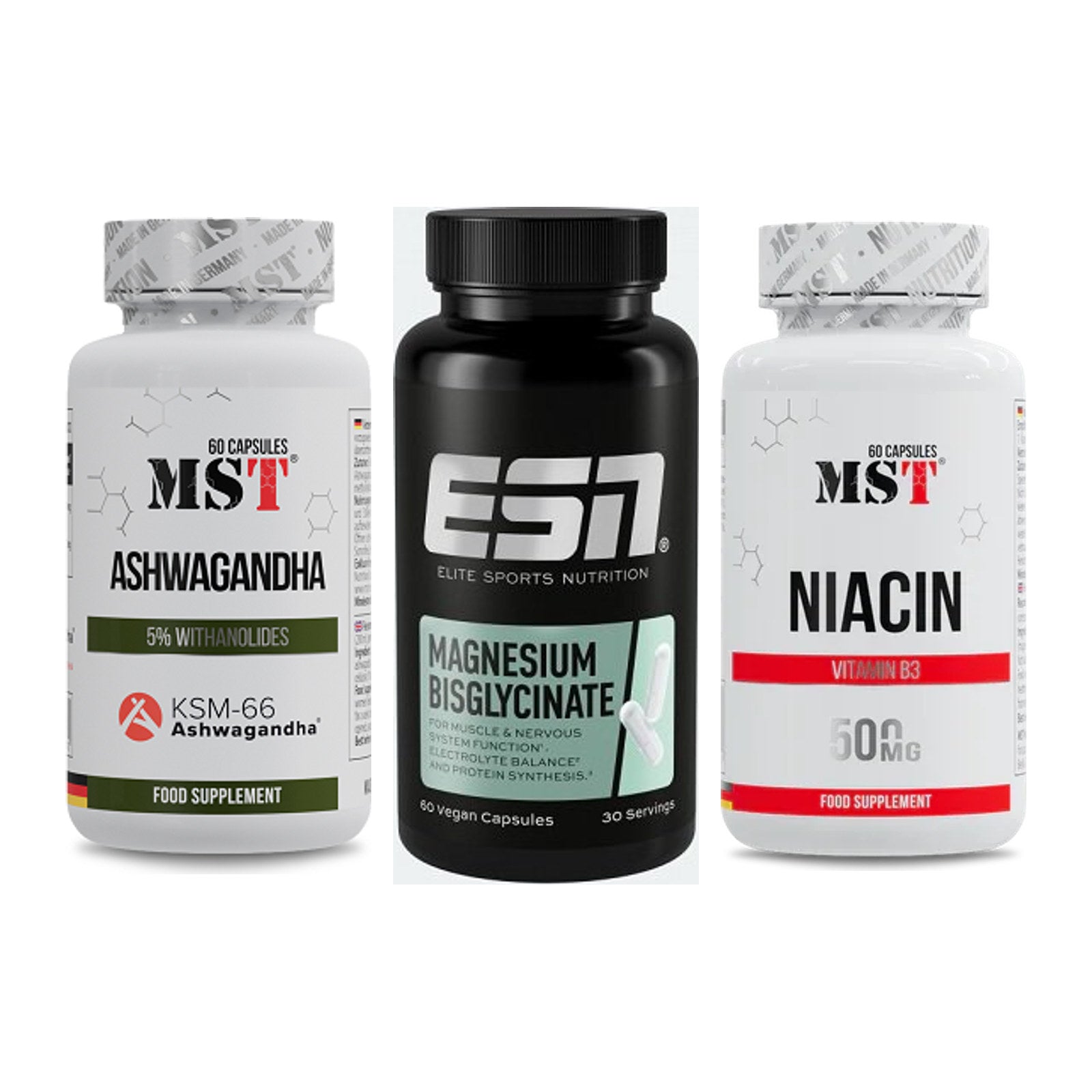 Stress & Balance: MST Ashwagandha + ESN Magnesium + MST Niacin – alle enthaltenen Artikel