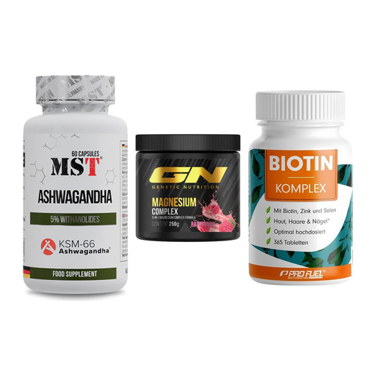 Estrés y equilibrio: MST Ashwagandha + GN Magnesio + ProFuel BIOTIN – todos los artículos incluidos
