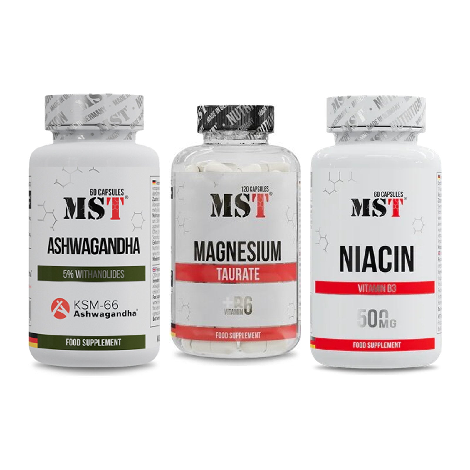 MST Stress & Balance: Ashwagandha KSM-66 + Magnesium Taurat + Niacin – alle enthaltenen Artikel