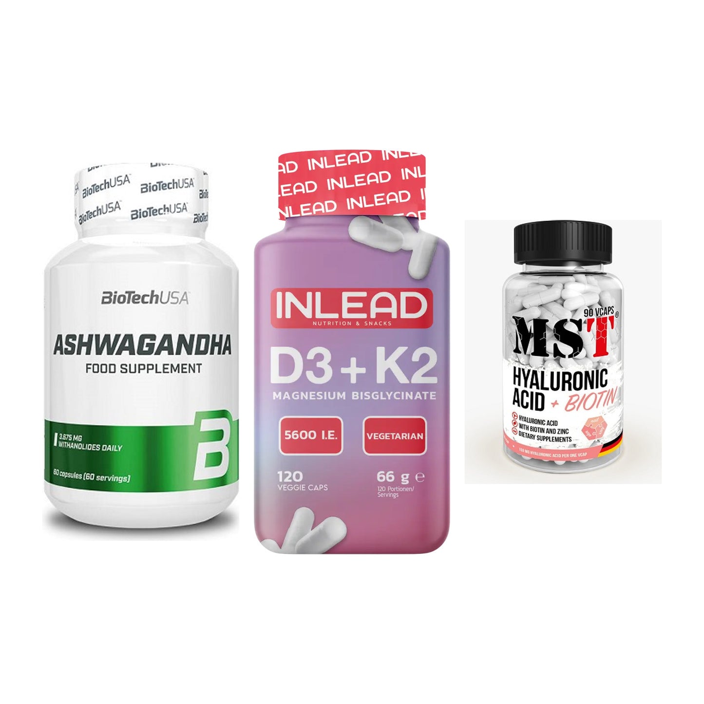 Stress & Balance: BioTech Ashwaga + INLEAD Vitamin + MST Hyaluronic – alle enthaltenen Artikel