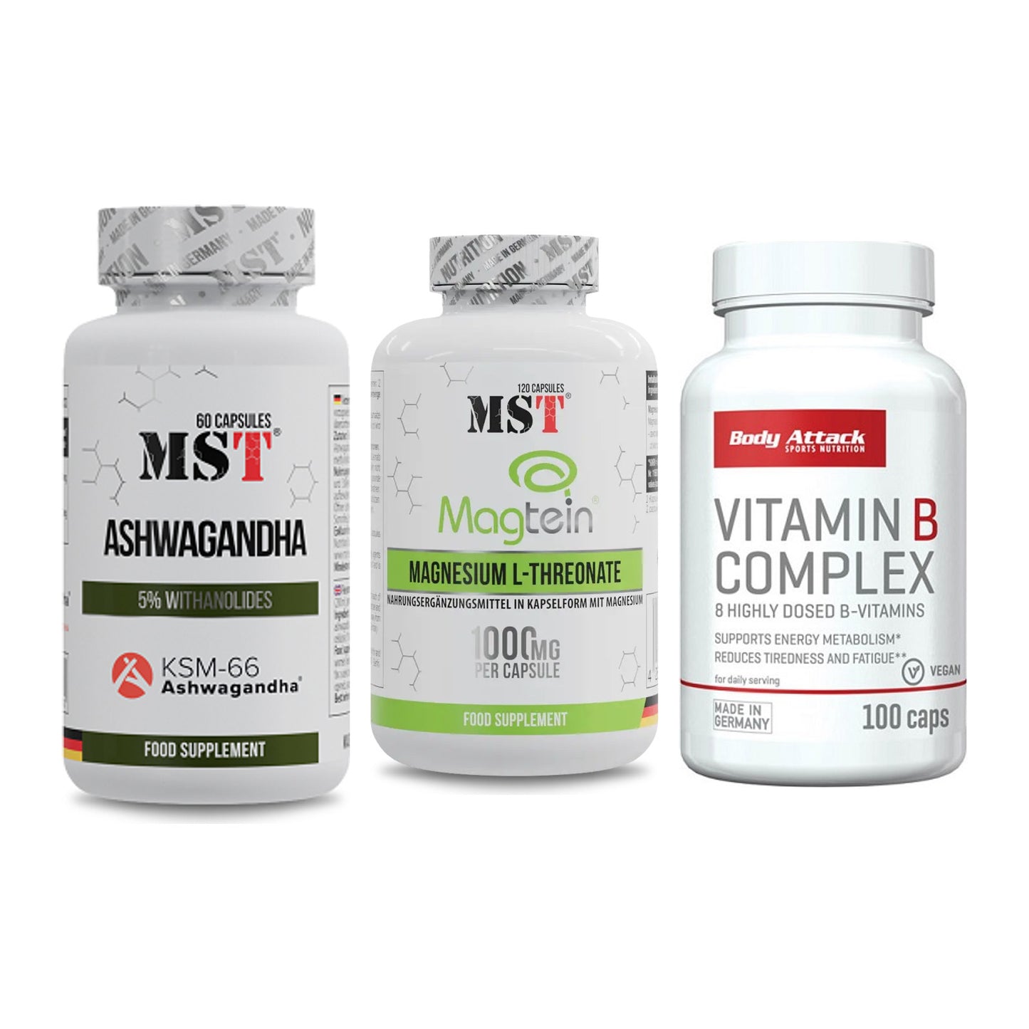 Stress & Balance: MST Ashwagandha + MST Magnesium + Body Attack – alle enthaltenen Artikel