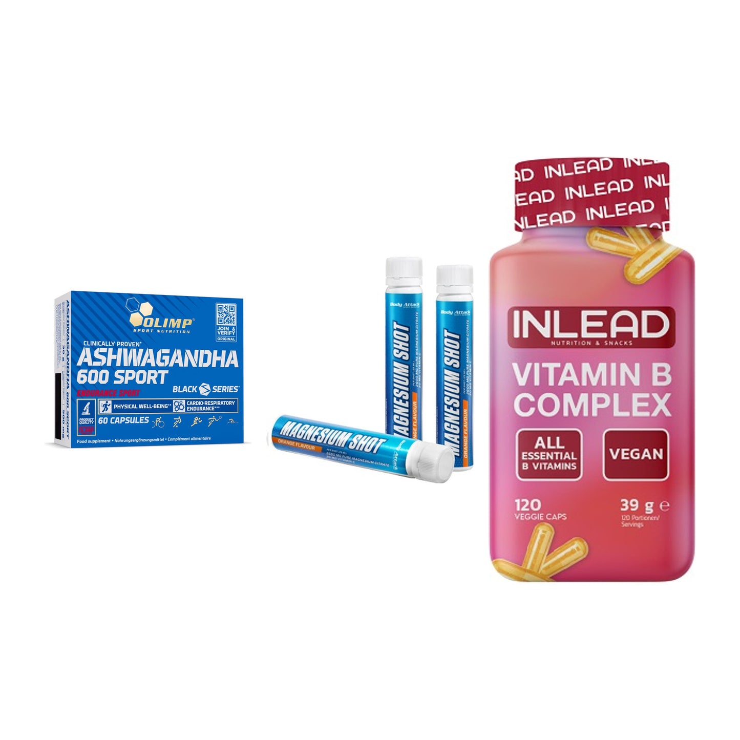 Stress & Balance: Olimp Ashwagand + Body Attack + INLEAD Vitamin – alle enthaltenen Artikel