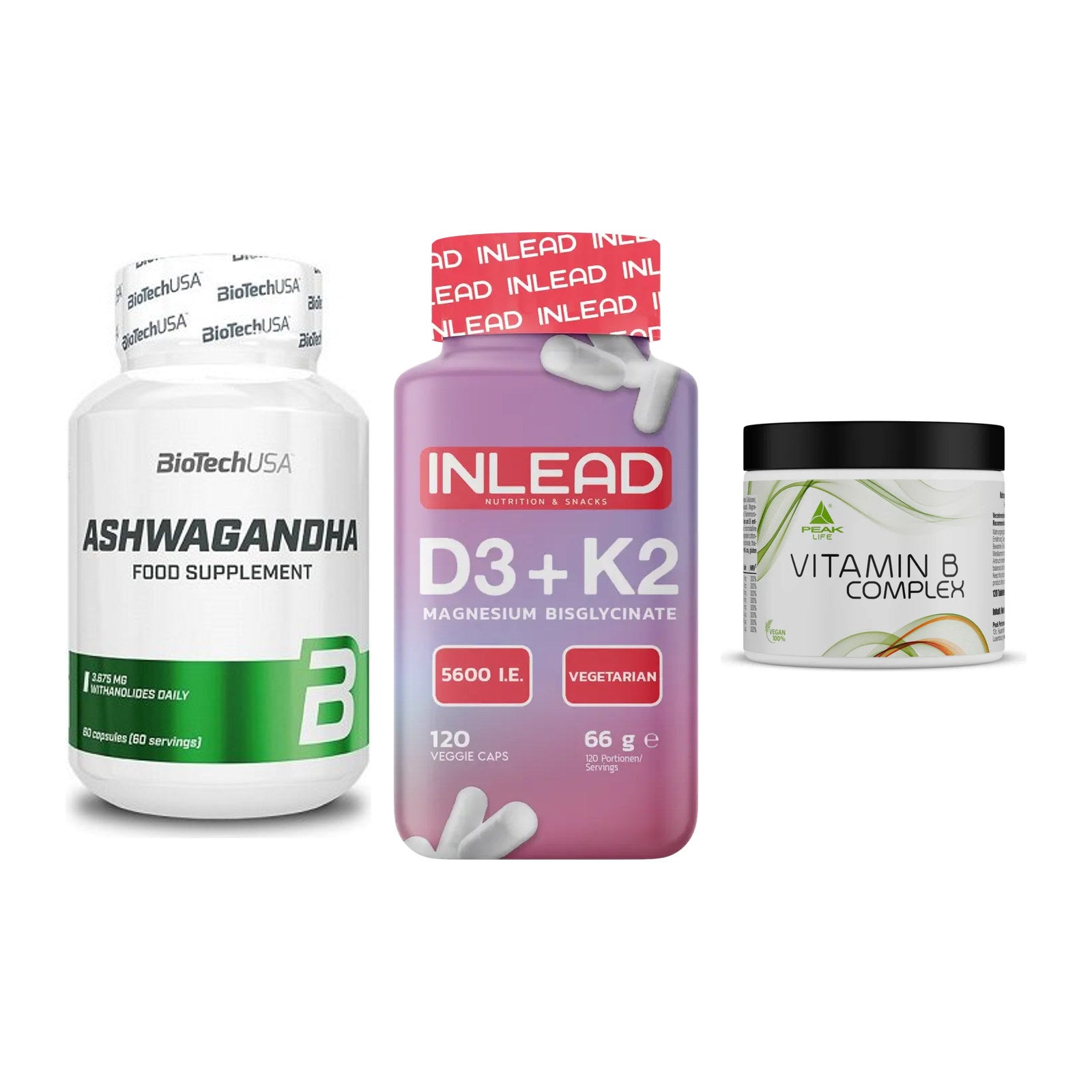 Stress & Balance: BioTech Ashwaga + INLEAD Vitamin + Peak Vitamin B – alle enthaltenen Artikel