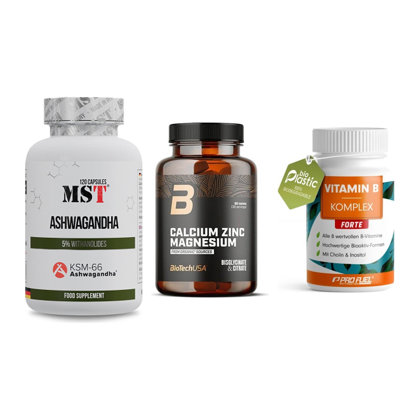 Stress & Balance: MST Ashwagandha + BioTech Calcium + ProFuel Vitamin – alle enthaltenen Artikel