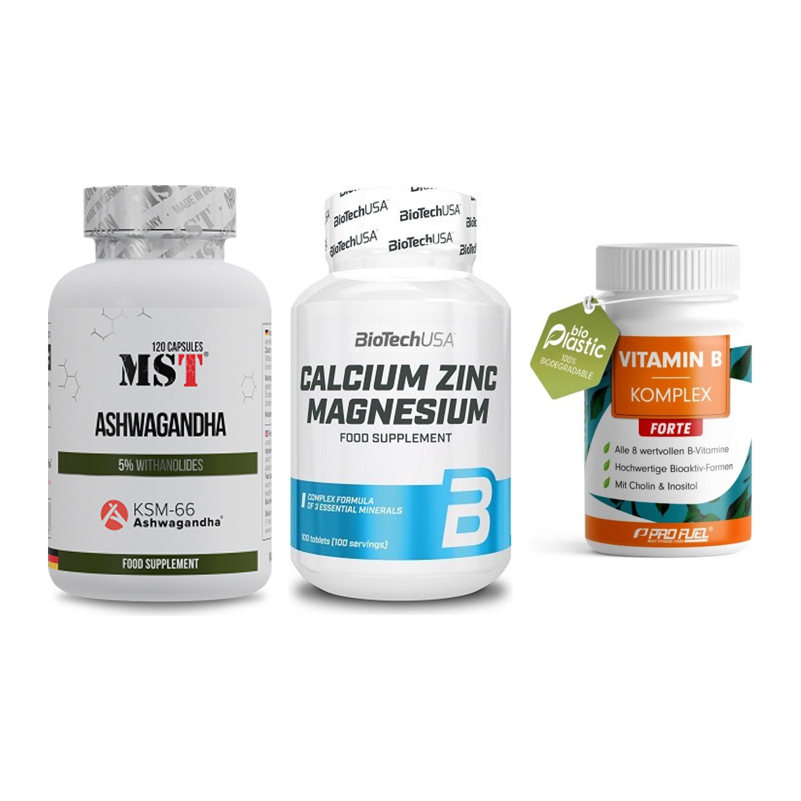 Stress & Balance: MST Ashwagandha + BioTech Calcium + ProFuel Vitamin – alle enthaltenen Artikel