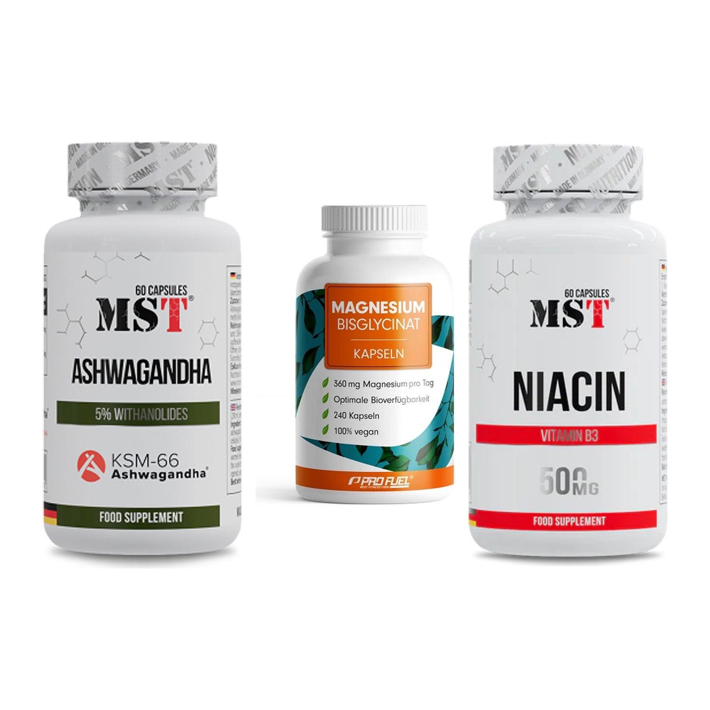 Stress & Balance: MST Ashwagandha + ProFuel Magnesi + MST Niacin – alle enthaltenen Artikel