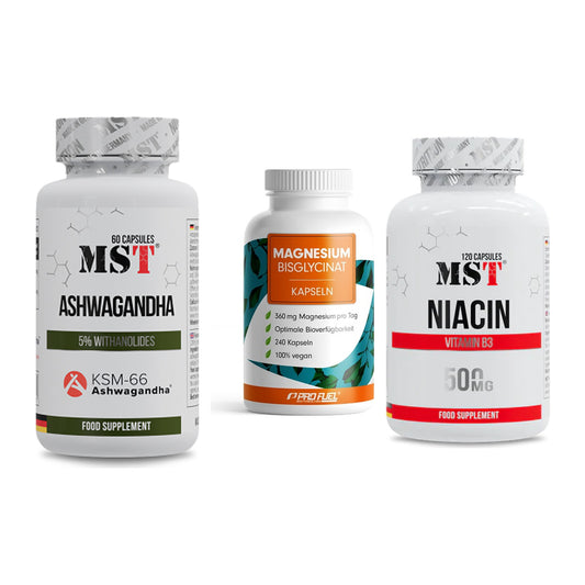 Stressz és egyensúly: MST Ashwagandha + ProFuel Magnesi + MST Niacin – az összes elemet tartalmazza