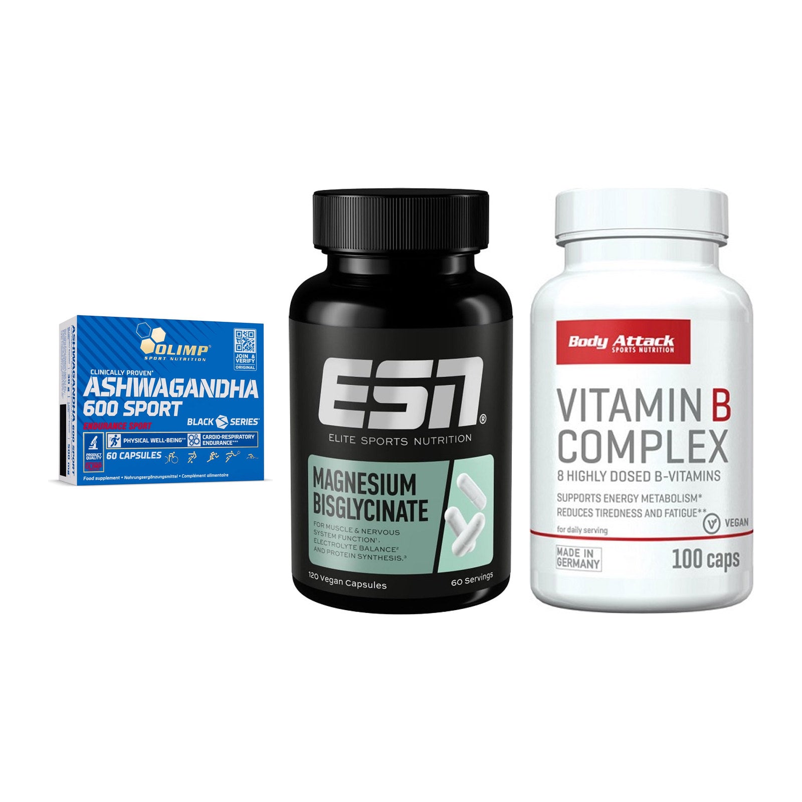 Stress & Balance: Olimp Ashwagand + ESN Magnesium + Body Attack – alle enthaltenen Artikel