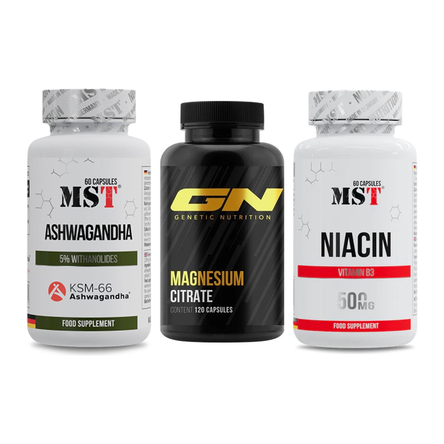 Stress & Balance: MST Ashwagandha + GN Magnesium + MST Niacin – alle enthaltenen Artikel