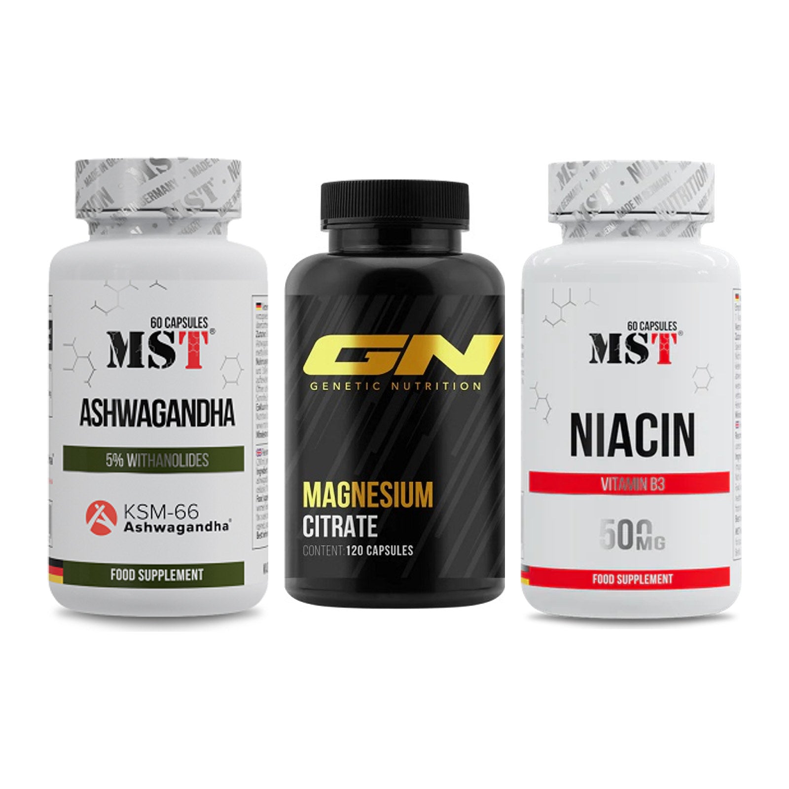 Stress & Balance: MST Ashwagandha + GN Magnesium + MST Niacin – alle enthaltenen Artikel