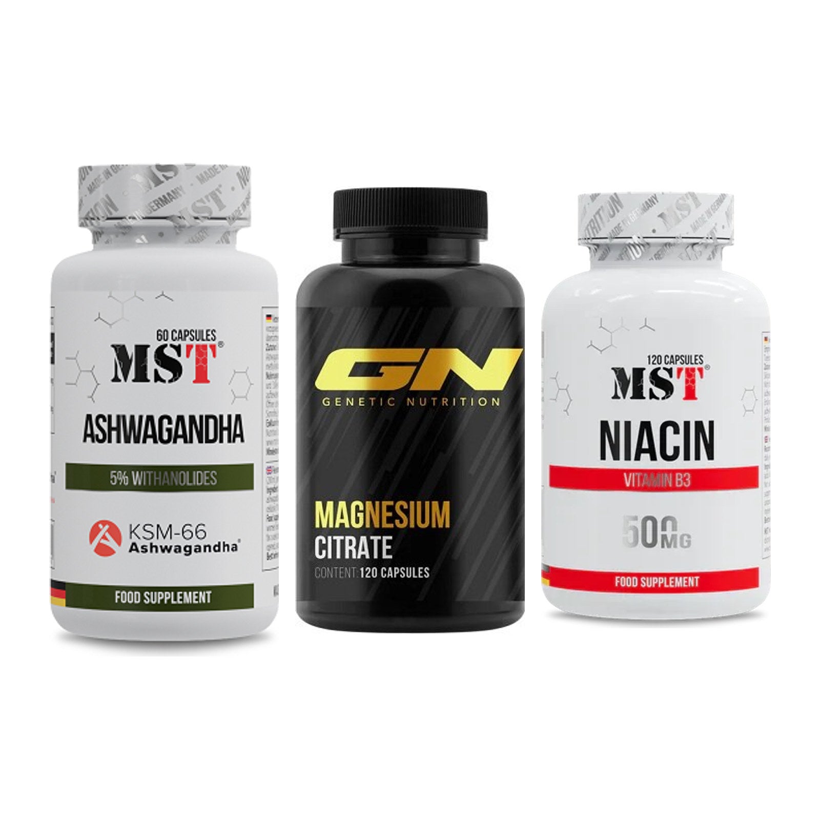 Stress & Balance: MST Ashwagandha + GN Magnesium + MST Niacin – alle enthaltenen Artikel