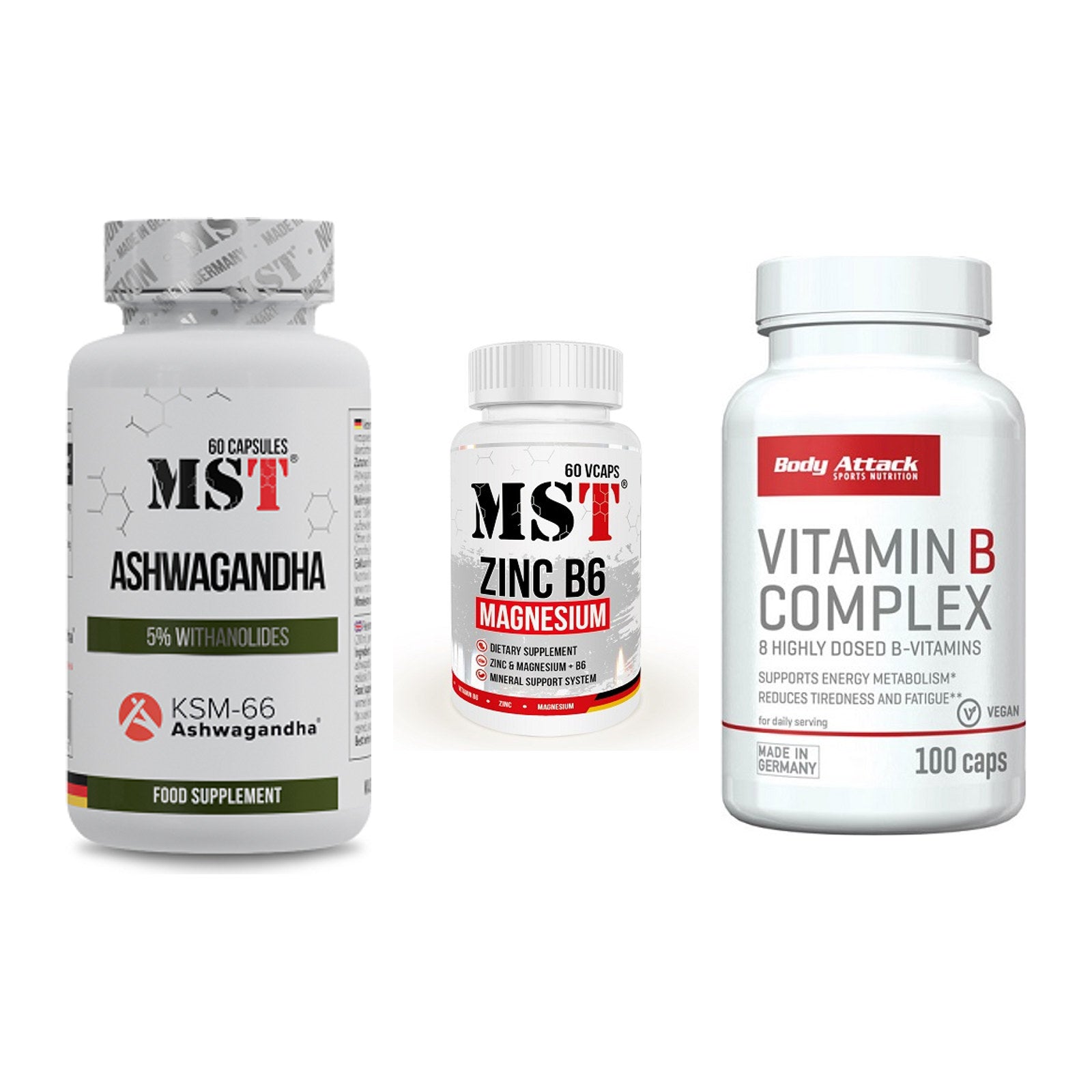 Stress & Balance: MST Ashwagandha + MST Zinc + Body Attack – alle enthaltenen Artikel
