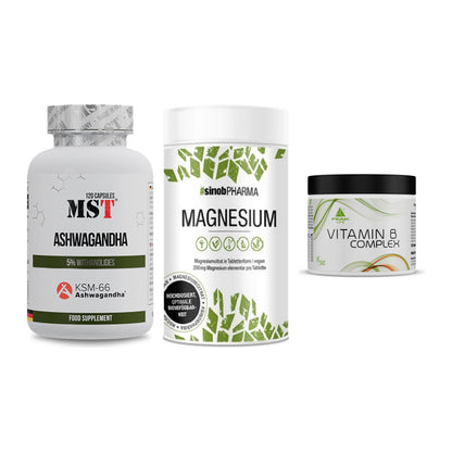 Stress & Balance: MST Ashwagandha + Sinob Magnesium + Peak Vitamin B – alle enthaltenen Artikel