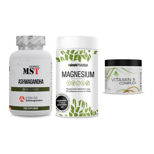 Stress & Balance: MST Ashwagandha + Sinob Magnesium + Peak Vitamin B – alle enthaltenen Artikel