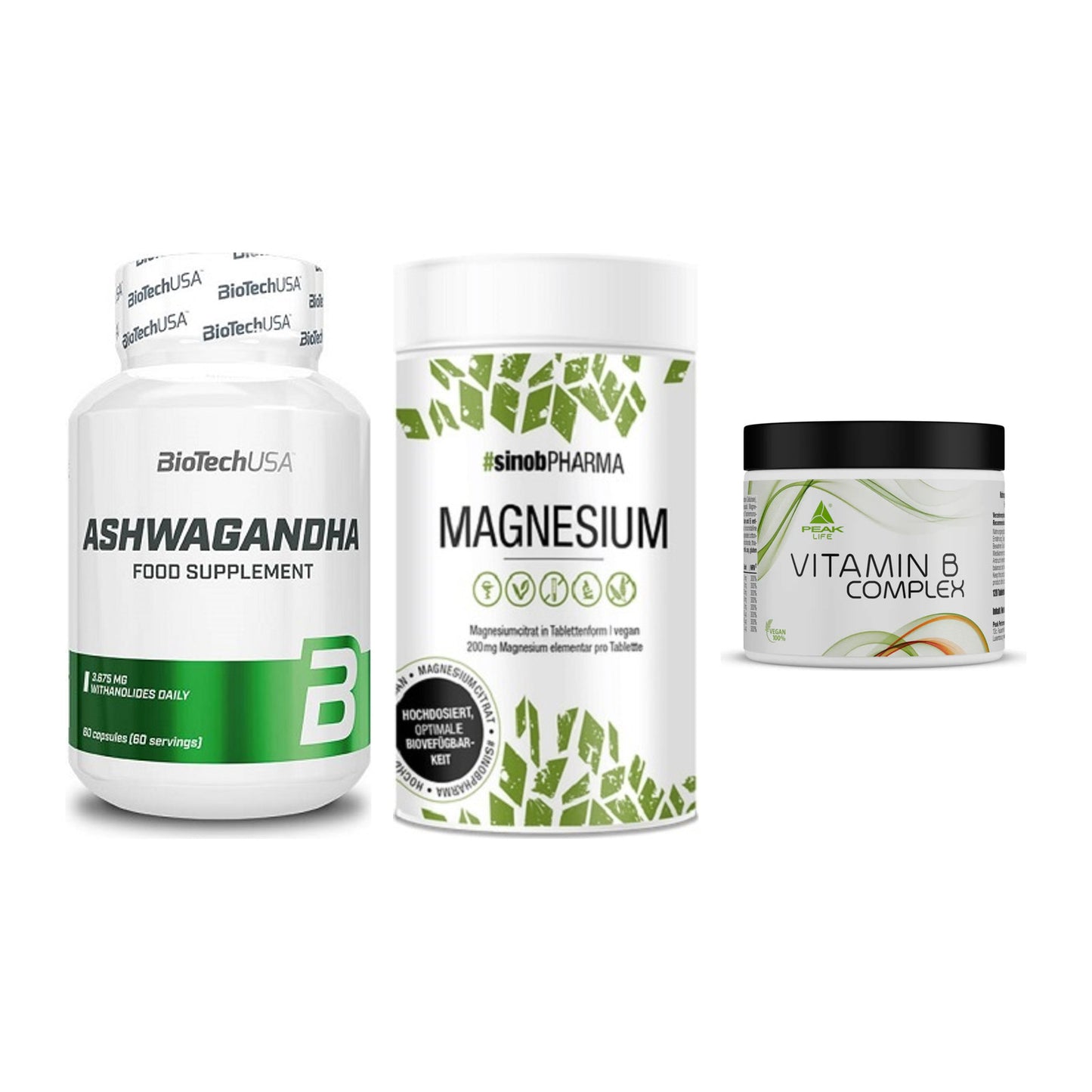 Stress & Balance: BioTech Ashwaga + Sinob Magnesium + Peak Vitamin B – alle enthaltenen Artikel