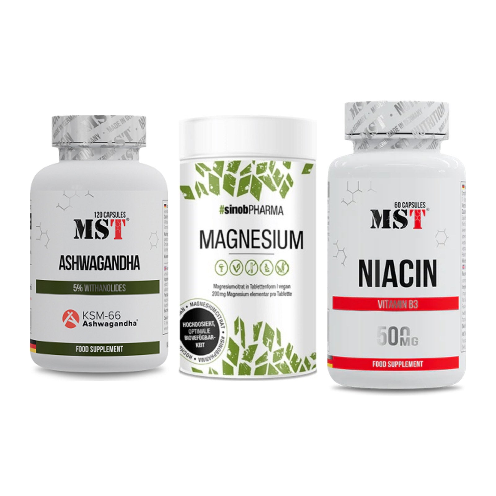Stress & Balance: MST Ashwagandha + Sinob Magnesium + MST Niacin – alle enthaltenen Artikel