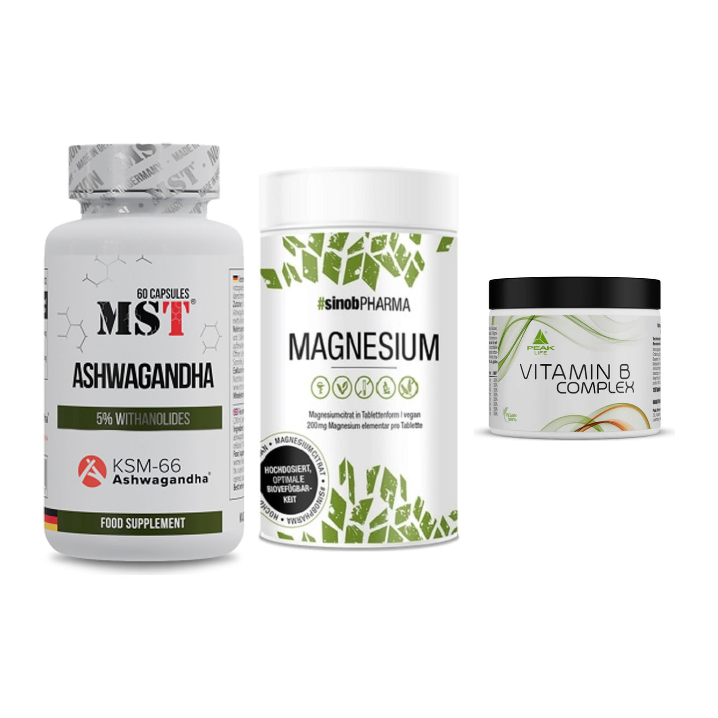 Stress & Balance: MST Ashwagandha + Sinob Magnesium + Peak Vitamin B – alle enthaltenen Artikel