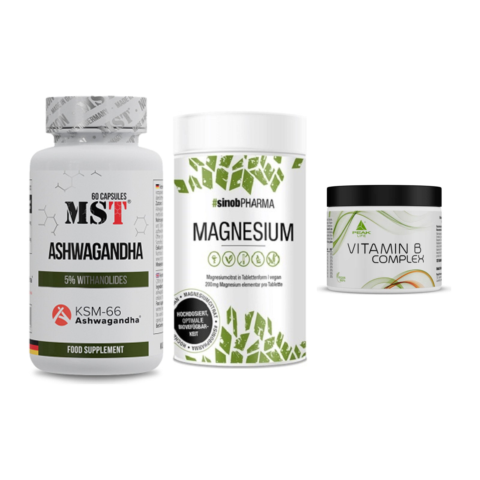 Stress & Balance: MST Ashwagandha + Sinob Magnesium + Peak Vitamin B – alle enthaltenen Artikel