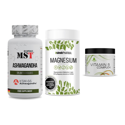 Stress & Balance: MST Ashwagandha + Sinob Magnesium + Peak Vitamin B – alle enthaltenen Artikel