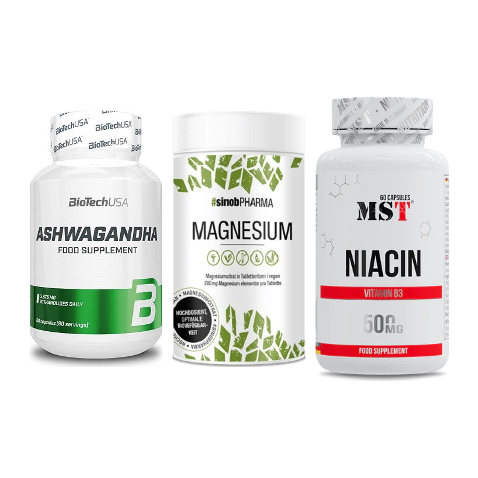 Stress & Balance: BioTech Ashwaga + Sinob Magnesium + MST Niacin – alle enthaltenen Artikel
