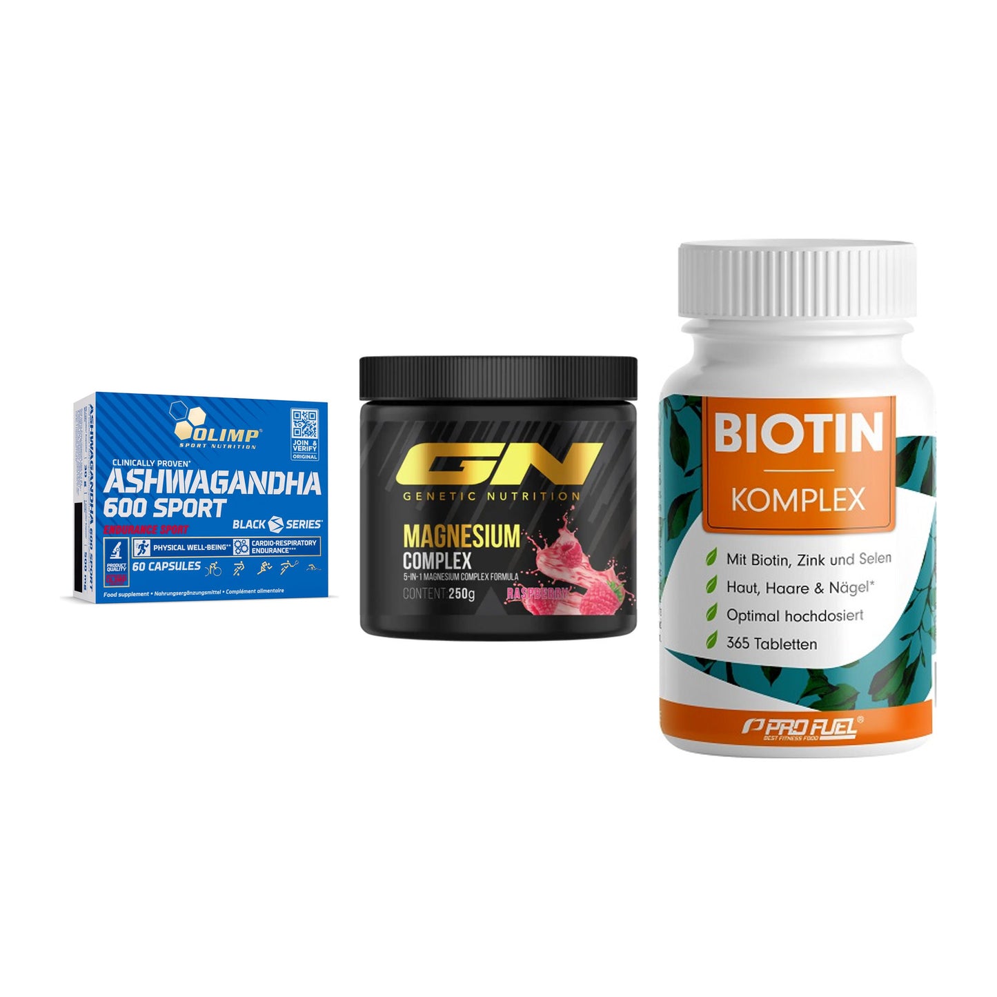 Stress & Balance: Olimp Ashwagand + GN Magnesium + ProFuel BIOTIN – alle enthaltenen Artikel