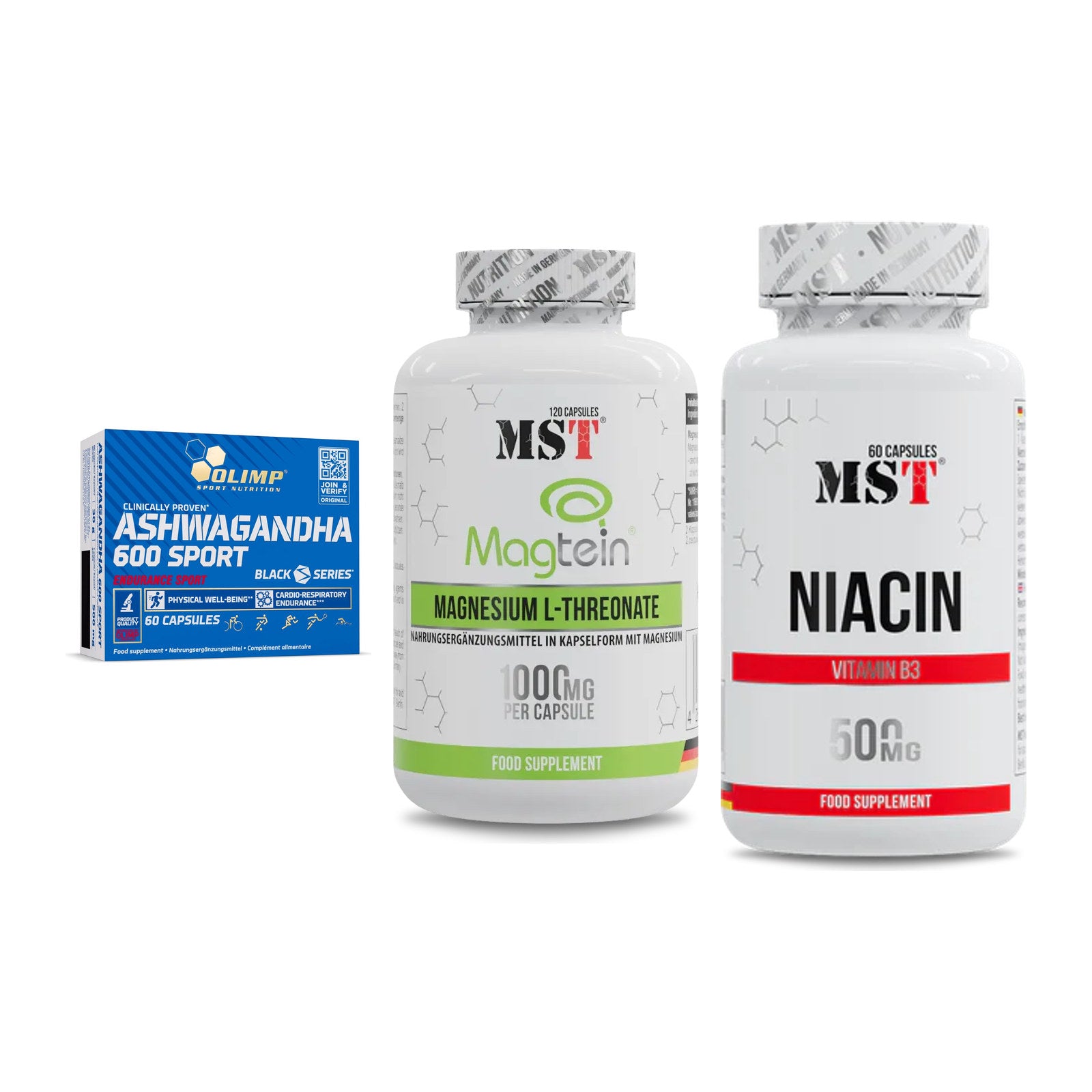 Stress & Balance: Olimp Ashwagand + MST Magnesium + MST Niacin – alle enthaltenen Artikel