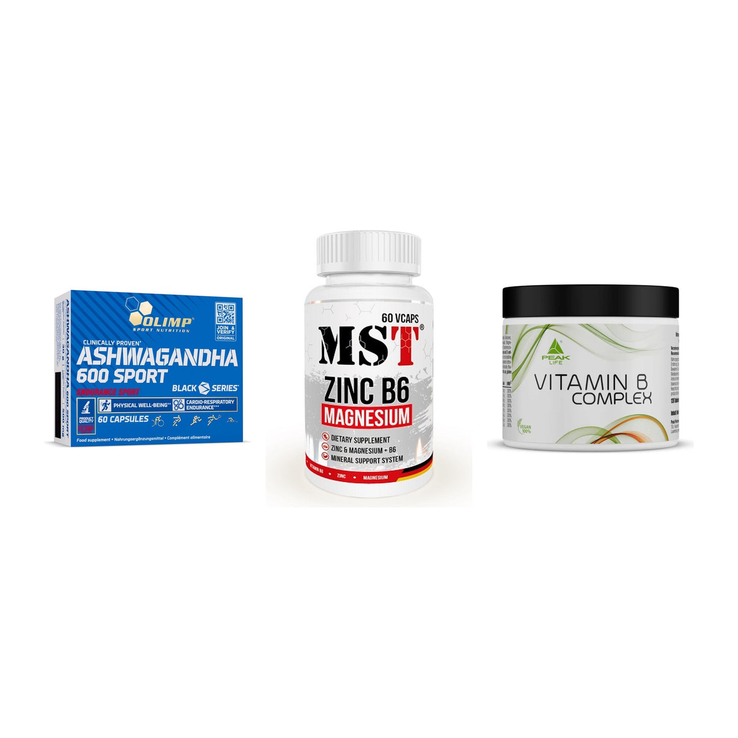 Stress & Balance: Olimp Ashwagand + MST Zinc + Peak Vitamin B – alle enthaltenen Artikel