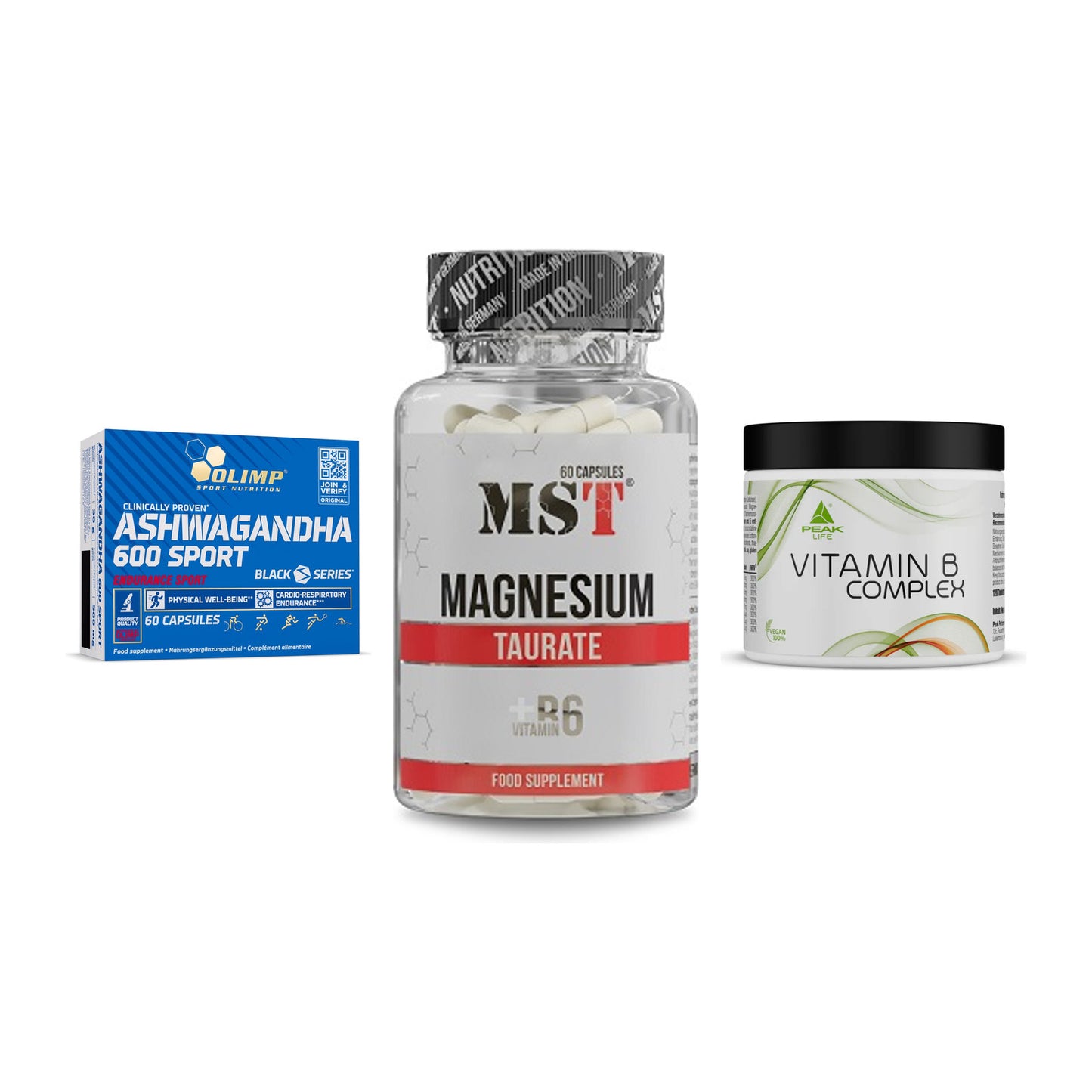 Stress & Balance: Olimp Ashwagand + MST Magnesium + Peak Vitamin B – alle enthaltenen Artikel