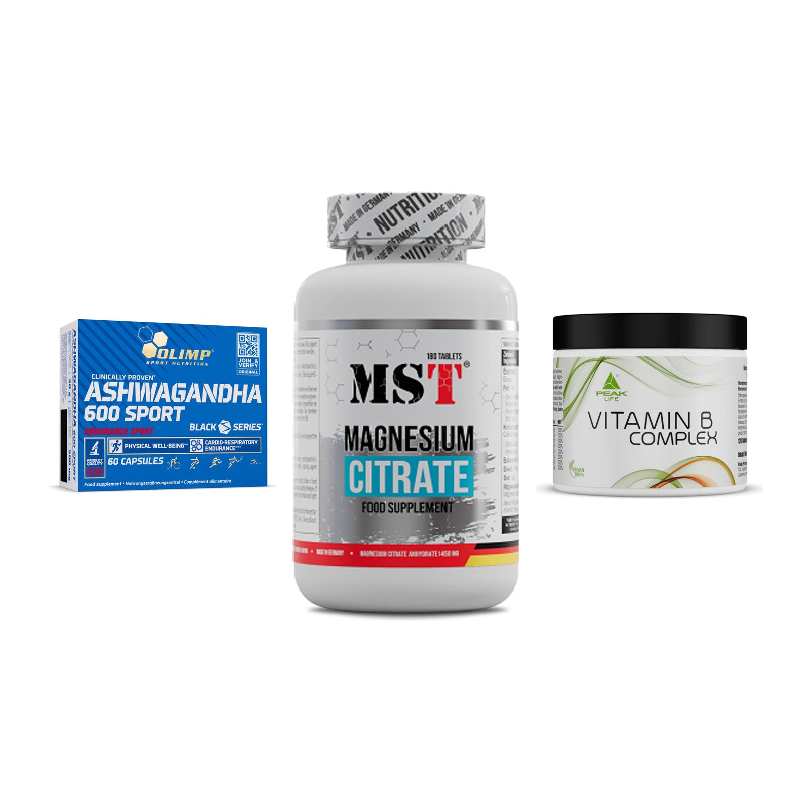 Stress & Balance: Olimp Ashwagand + MST Magnesium + Peak Vitamin B – alle enthaltenen Artikel