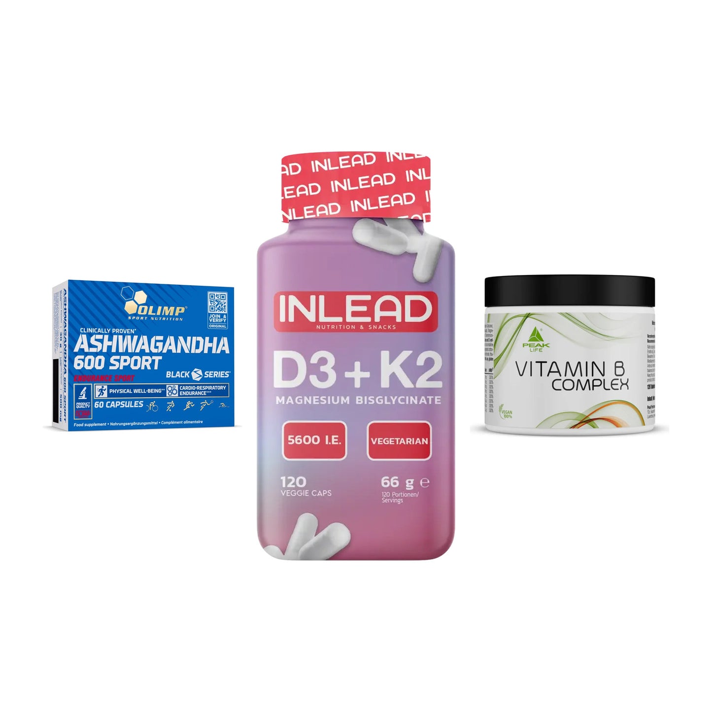Stress & Balance: Olimp Ashwagand + INLEAD Vitamin + Peak Vitamin B – alle enthaltenen Artikel