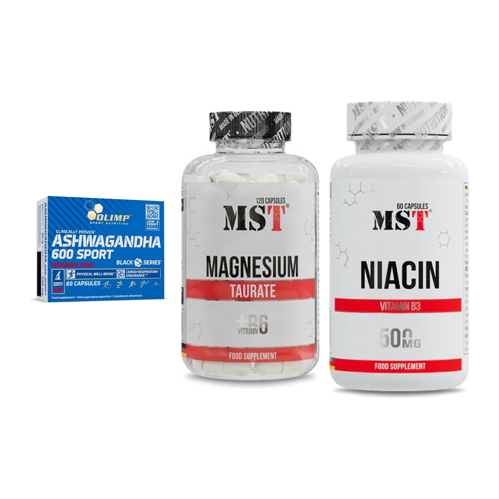 Stress & Balance: Olimp Ashwagand + MST Magnesium + MST Niacin – alle enthaltenen Artikel