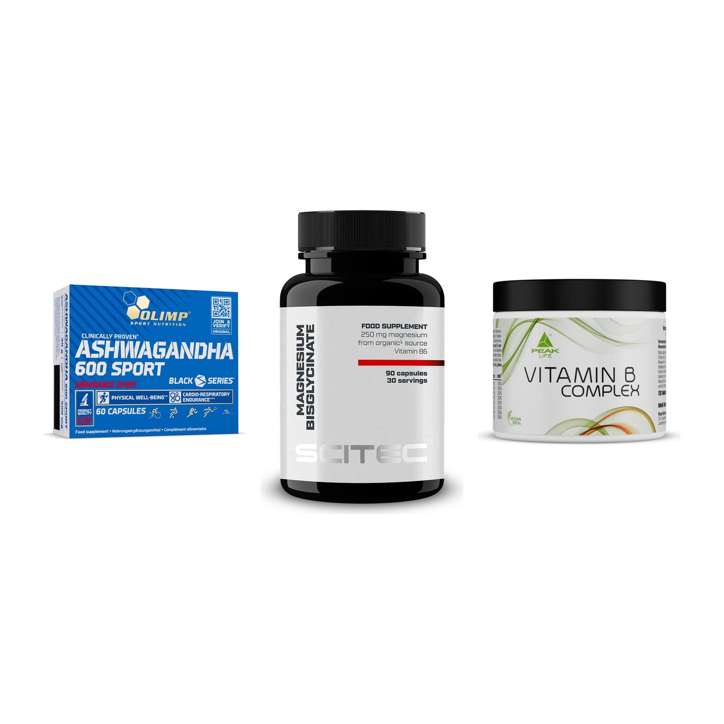 Stress & Balance: Olimp Ashwagand + Scitec Magnesiu + Peak Vitamin B – alle enthaltenen Artikel