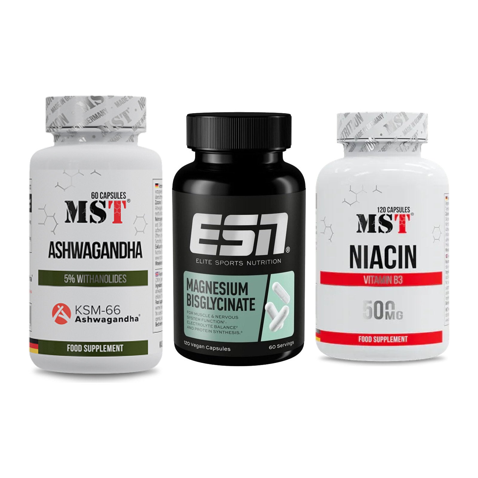 Stress & Balance: MST Ashwagandha + ESN Magnesium + MST Niacin – alle enthaltenen Artikel