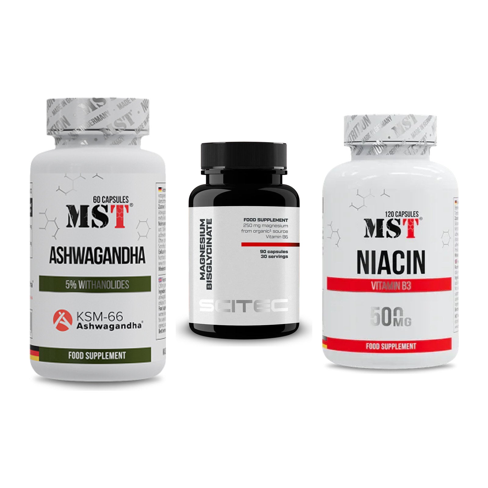 Stress & Balance: MST Ashwagandha + Scitec Magnesiu + MST Niacin – alle enthaltenen Artikel