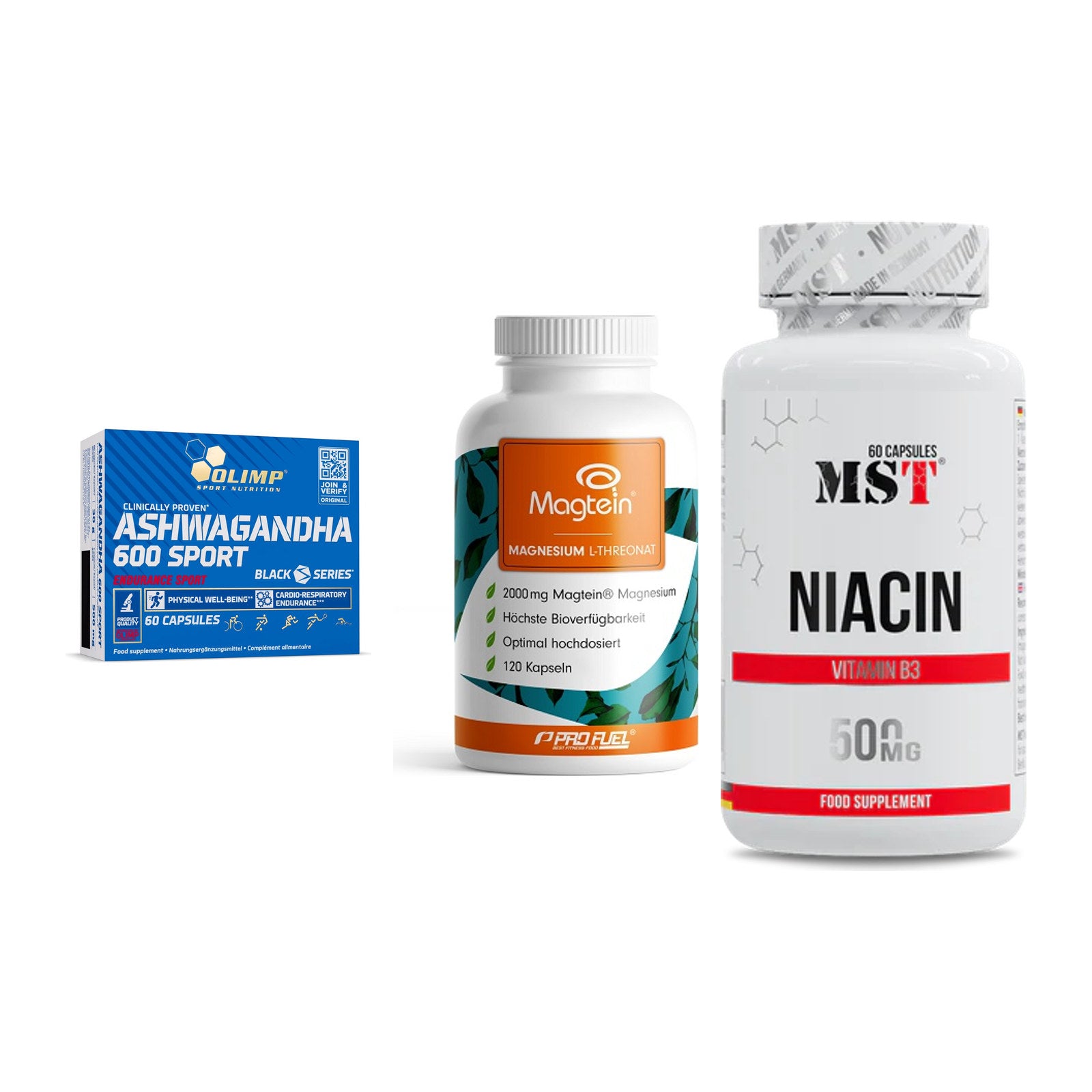 Stress & Balance: Olimp Ashwagand + ProFuel Magnesi + MST Niacin – alle enthaltenen Artikel