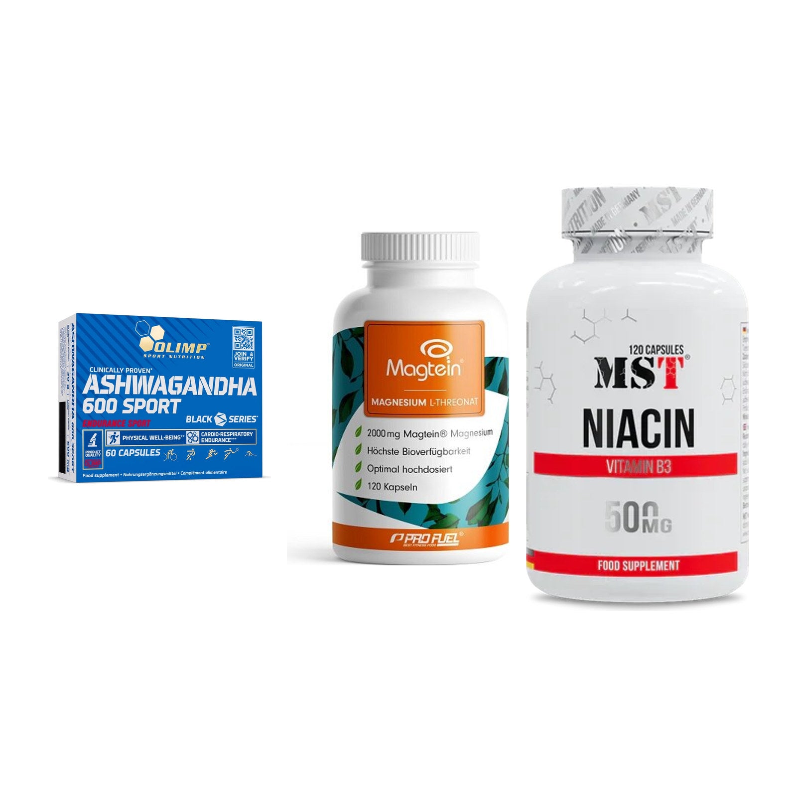 Stress & Balance: Olimp Ashwagand + ProFuel Magnesi + MST Niacin – alle enthaltenen Artikel