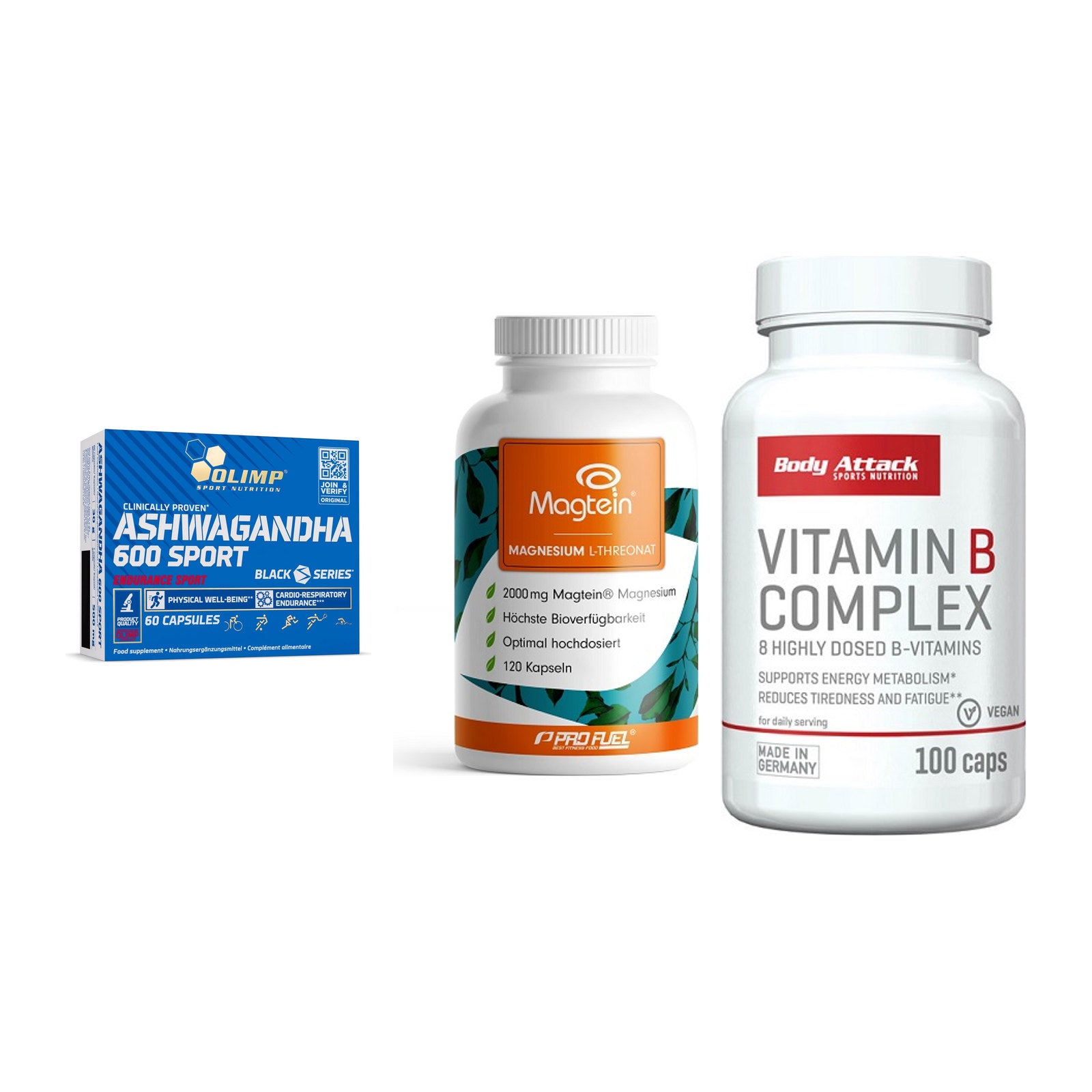 Stress & Balance: Olimp Ashwagand + ProFuel Magnesi + Body Attack – alle enthaltenen Artikel