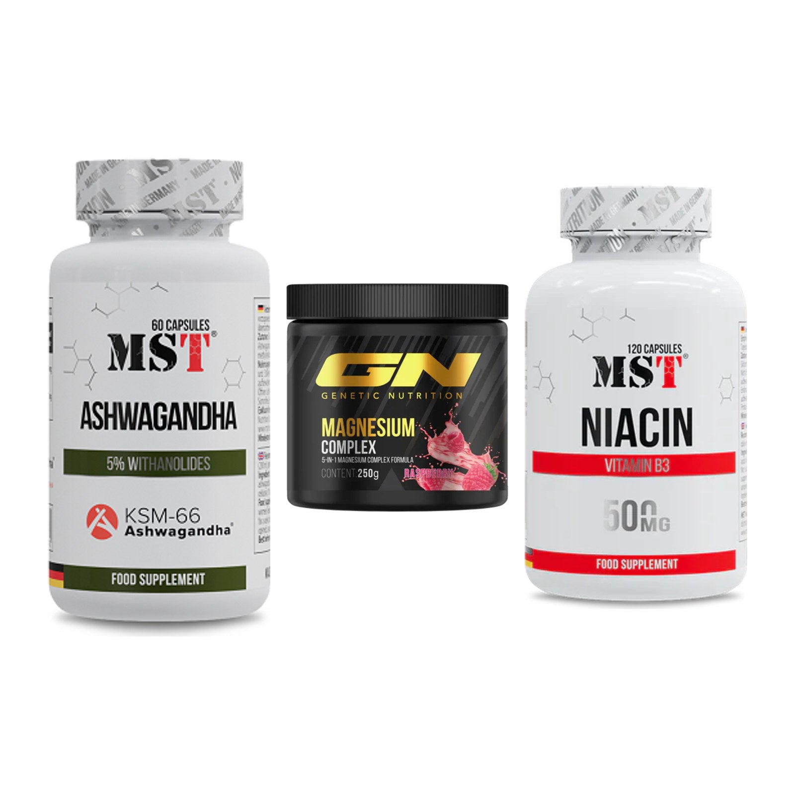 Stress & Balance: MST Ashwagandha + GN Magnesium + MST Niacin – alle enthaltenen Artikel