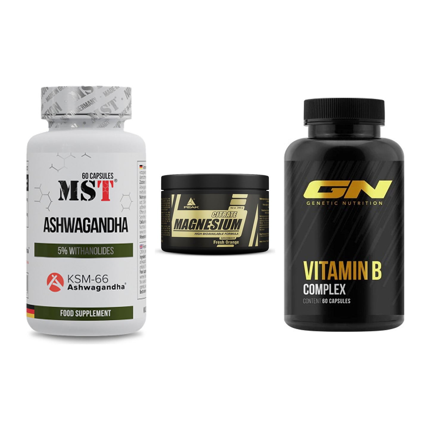 Stress & Balance: MST Ashwagandha + Peak Magnesium + GN Vitamin – alle enthaltenen Artikel