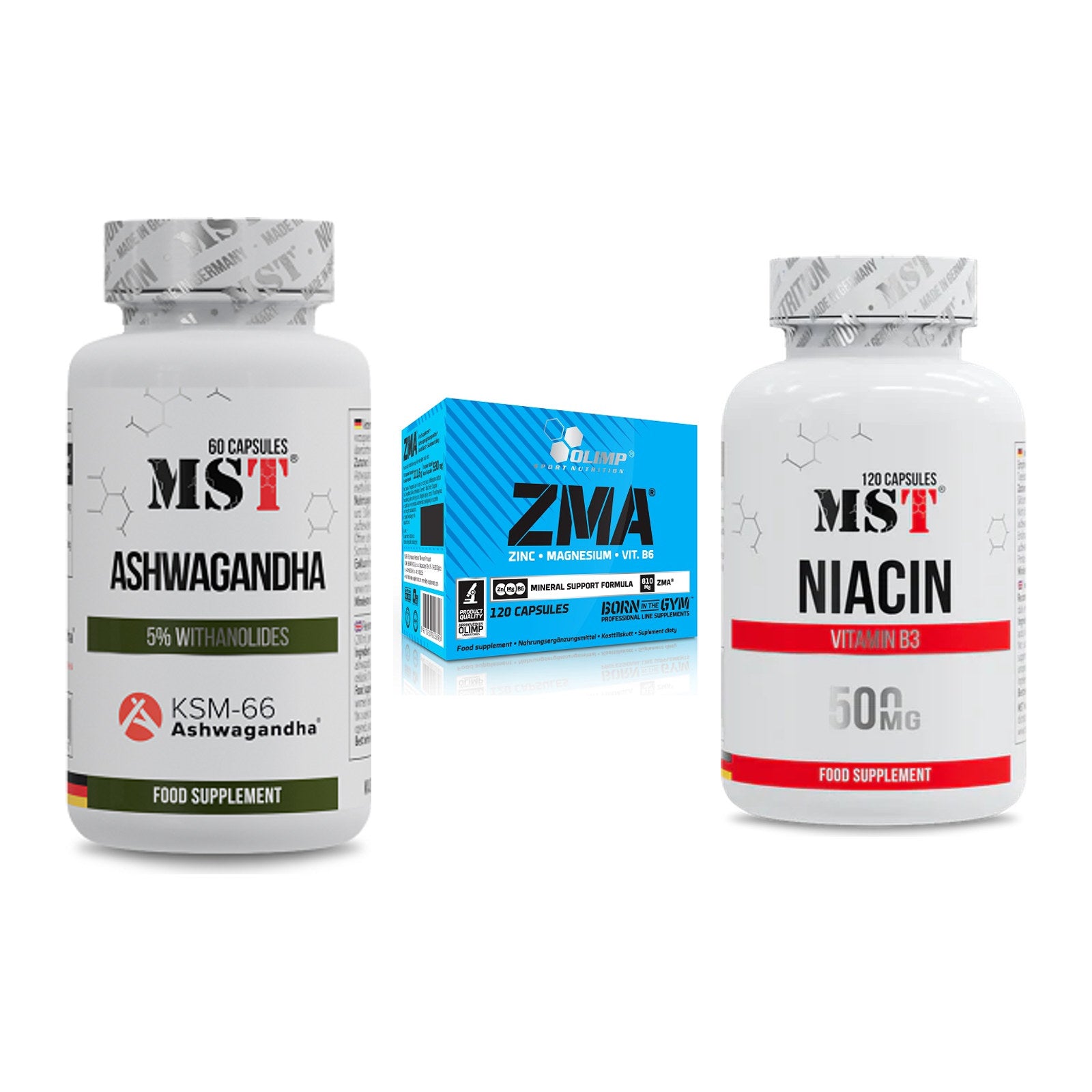 Stress & Balance: MST Ashwagandha KSM-66 + Olimp ZMA + MST Niacin – alle enthaltenen Artikel