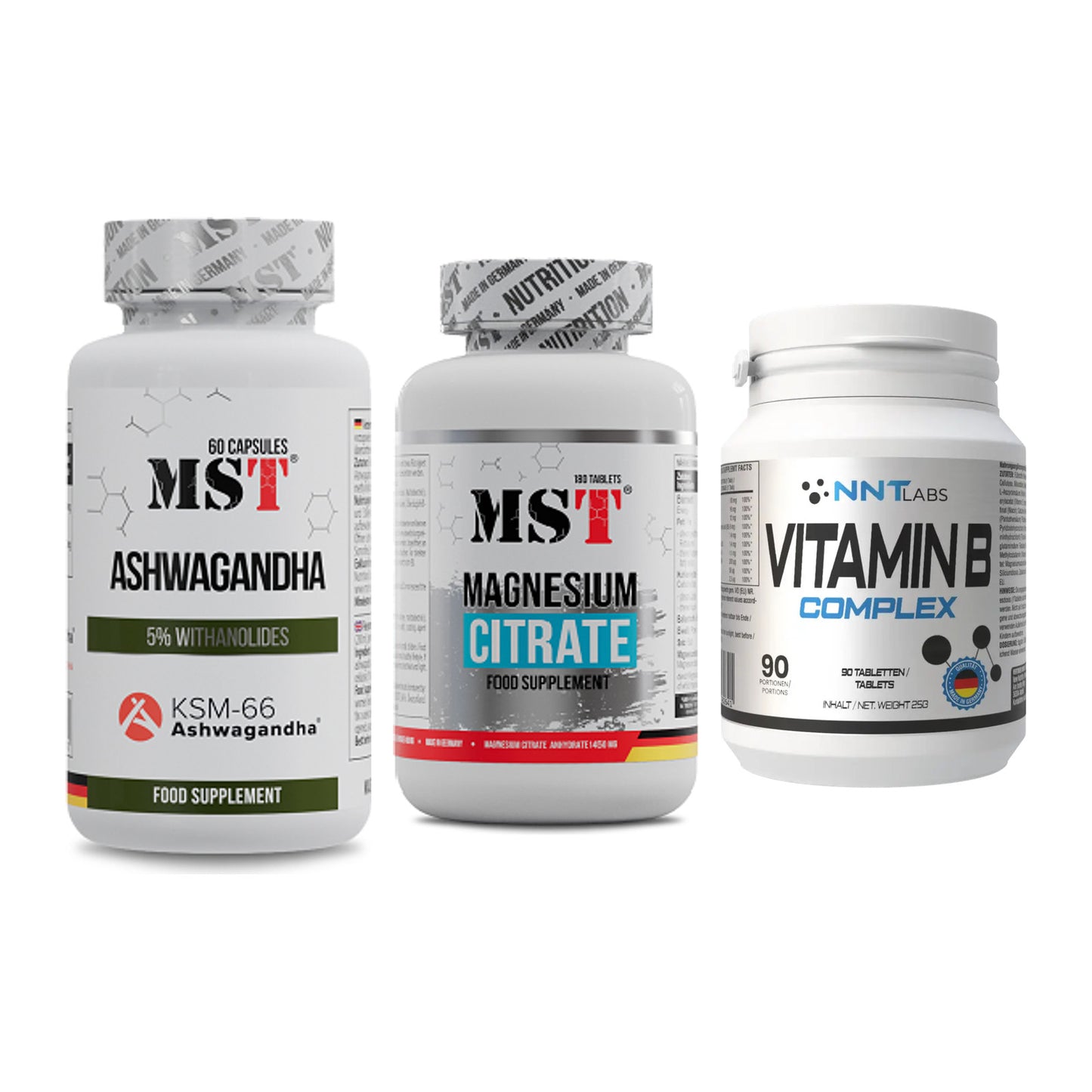 Stress & Balance: MST Ashwagandha + MST Magnesium + NNT Vitamin B – alle enthaltenen Artikel