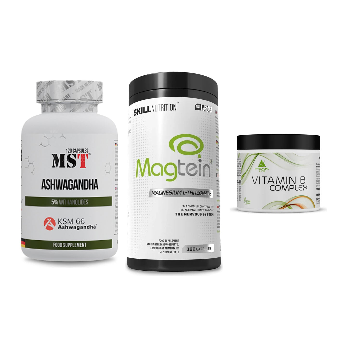 Stress & Balance: MST Ashwagandha + Skill Nutrition + Peak Vitamin B – alle enthaltenen Artikel