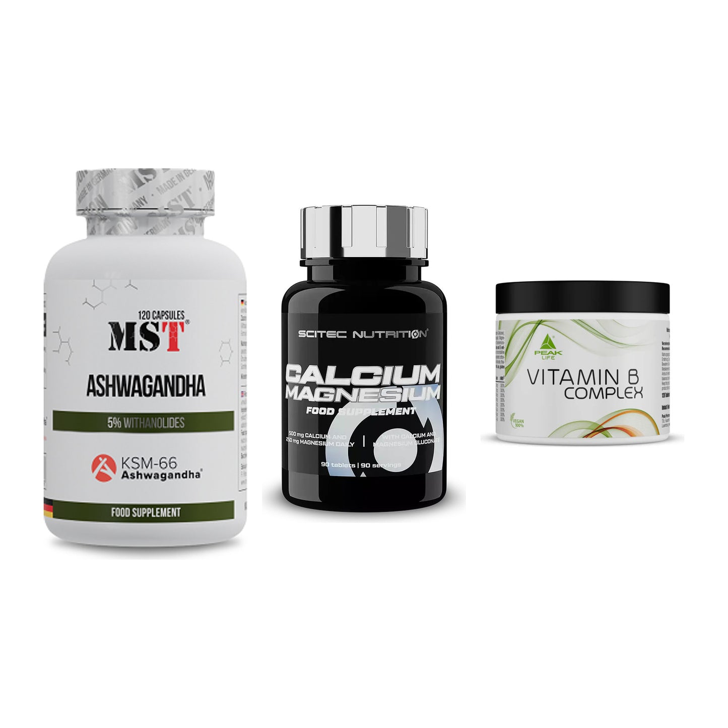 Stress & Balance: MST Ashwagandha + Scitec Calcium + Peak Vitamin B – alle enthaltenen Artikel
