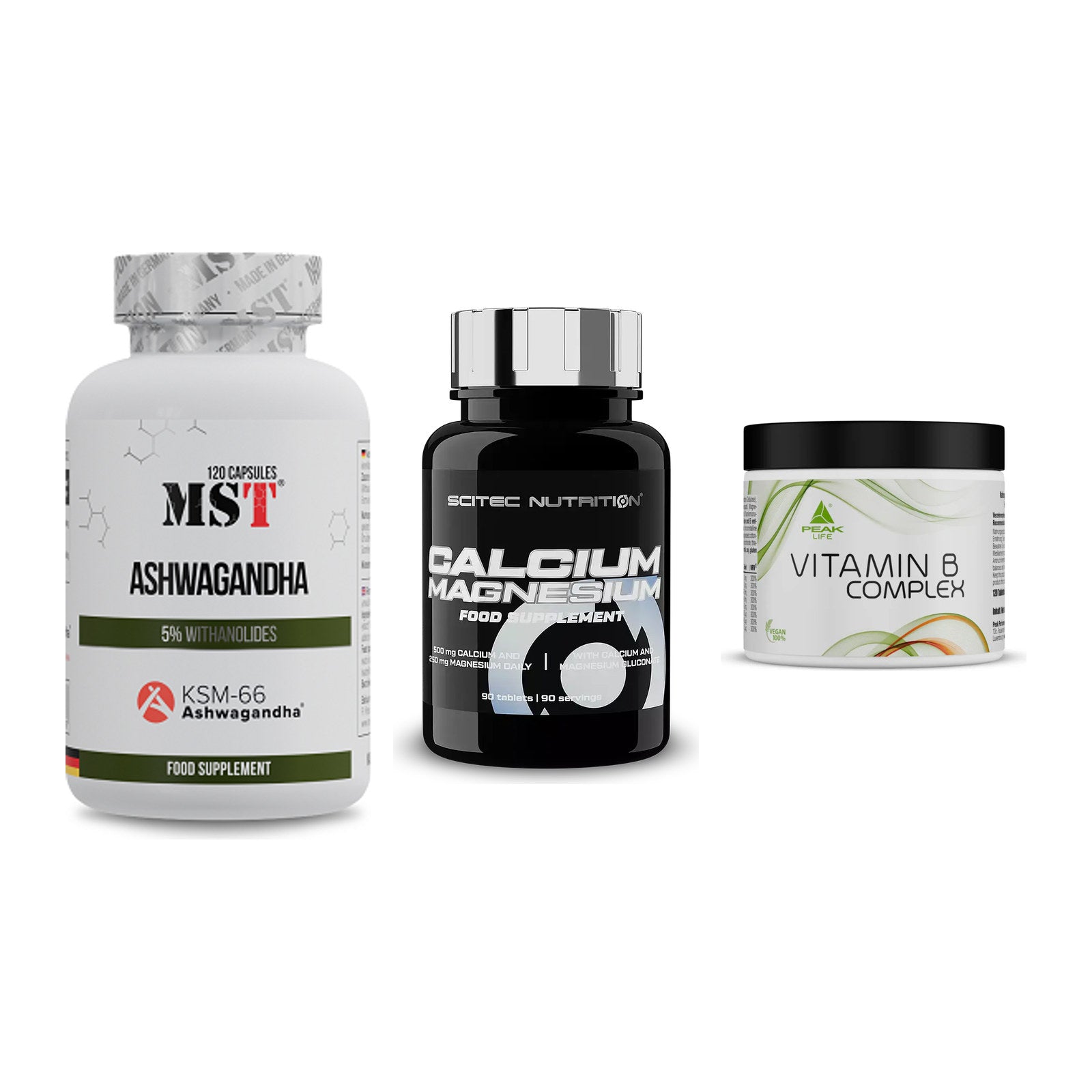 Stress & Balance: MST Ashwagandha + Scitec Calcium + Peak Vitamin B – alle enthaltenen Artikel