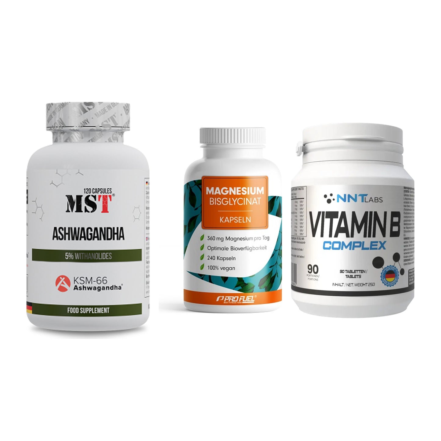 Stress & Balance: MST Ashwagandha + ProFuel Magnesi + NNT Vitamin B – alle enthaltenen Artikel