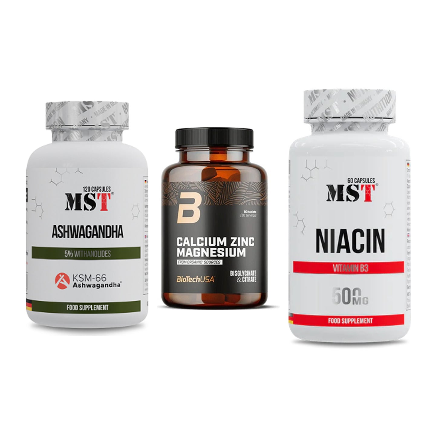Stress & Balance: MST Ashwagandha + BioTech Calcium + MST Niacin – alle enthaltenen Artikel