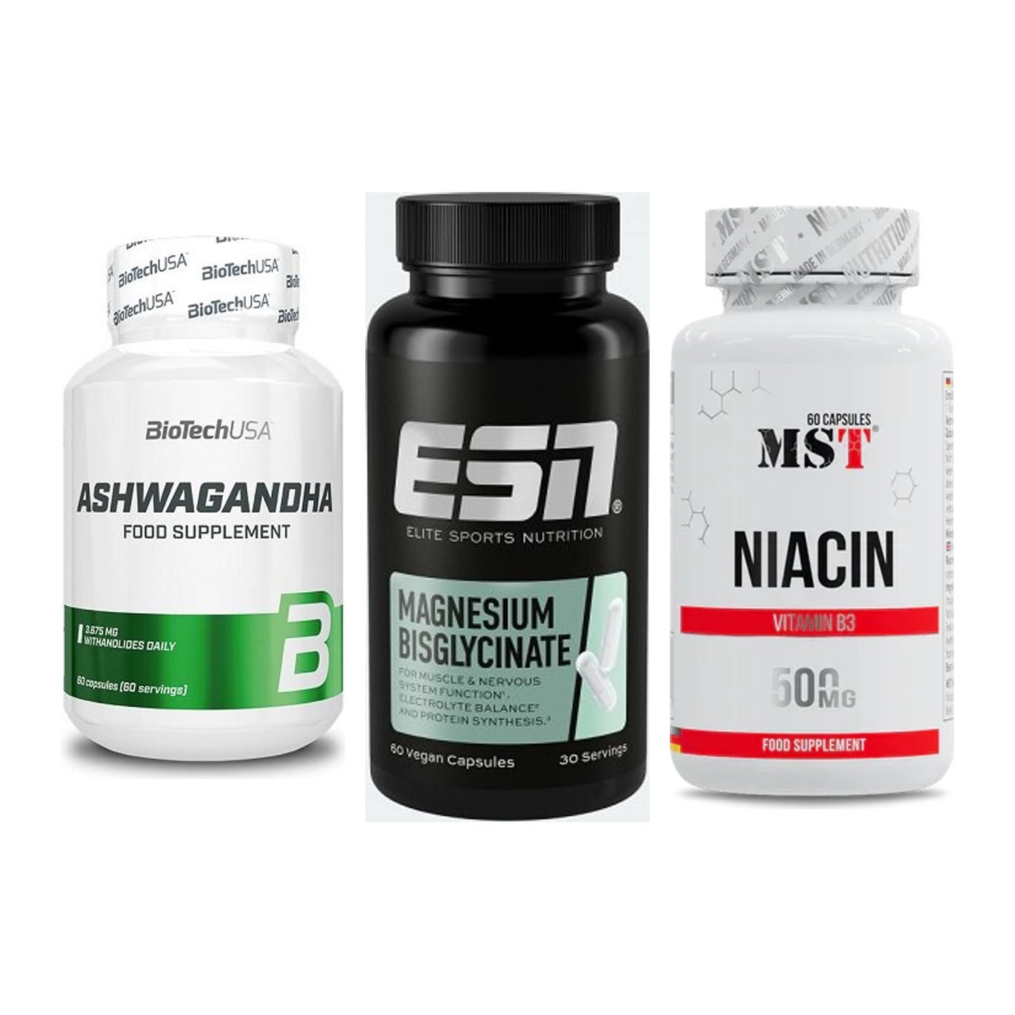 Stress & Balance: BioTech Ashwaga + ESN Magnesium + MST Niacin – alle enthaltenen Artikel