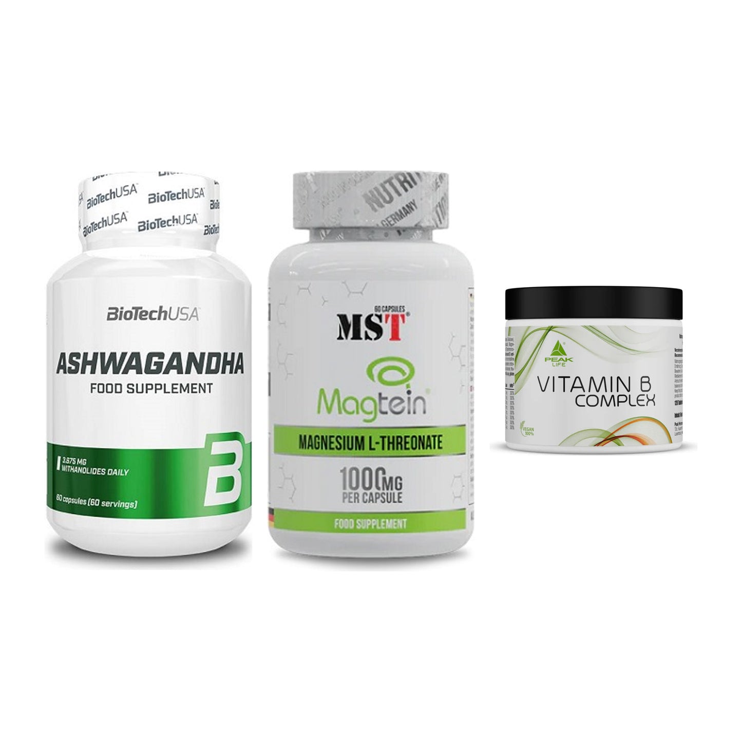 Stress & Balance: BioTech Ashwaga + MST Magnesium + Peak Vitamin B – alle enthaltenen Artikel