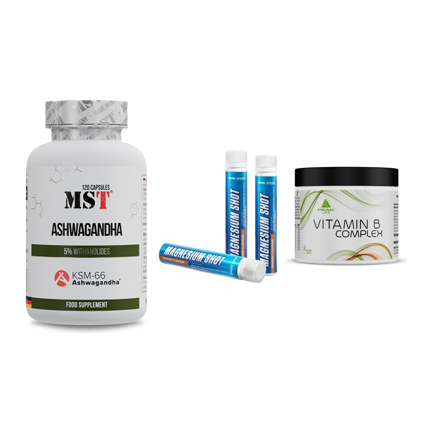 Stress & Balance: MST Ashwagandha + Body Attack + Peak Vitamin B – alle enthaltenen Artikel